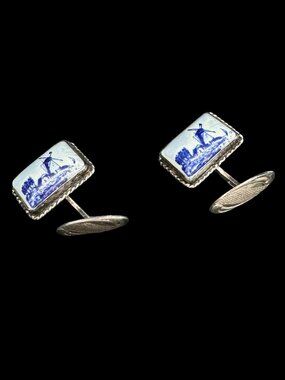 Vintage Sterling Silver Cufflinks Porcelain Blue White Dutch Windmill TESTED